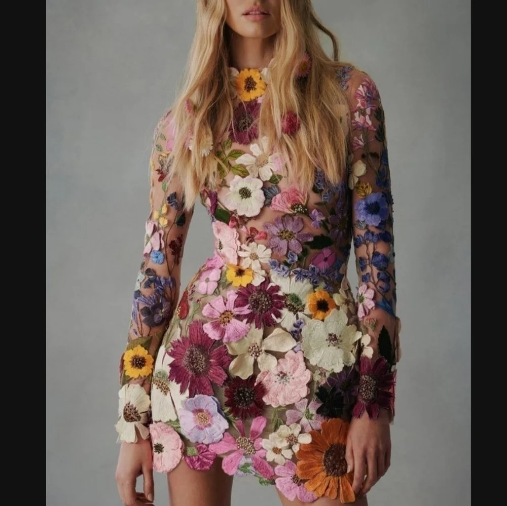Embroidered Flowers Bell Skirt Mini Dress, Designed With Luxury In Mind - Picture 1 of 10